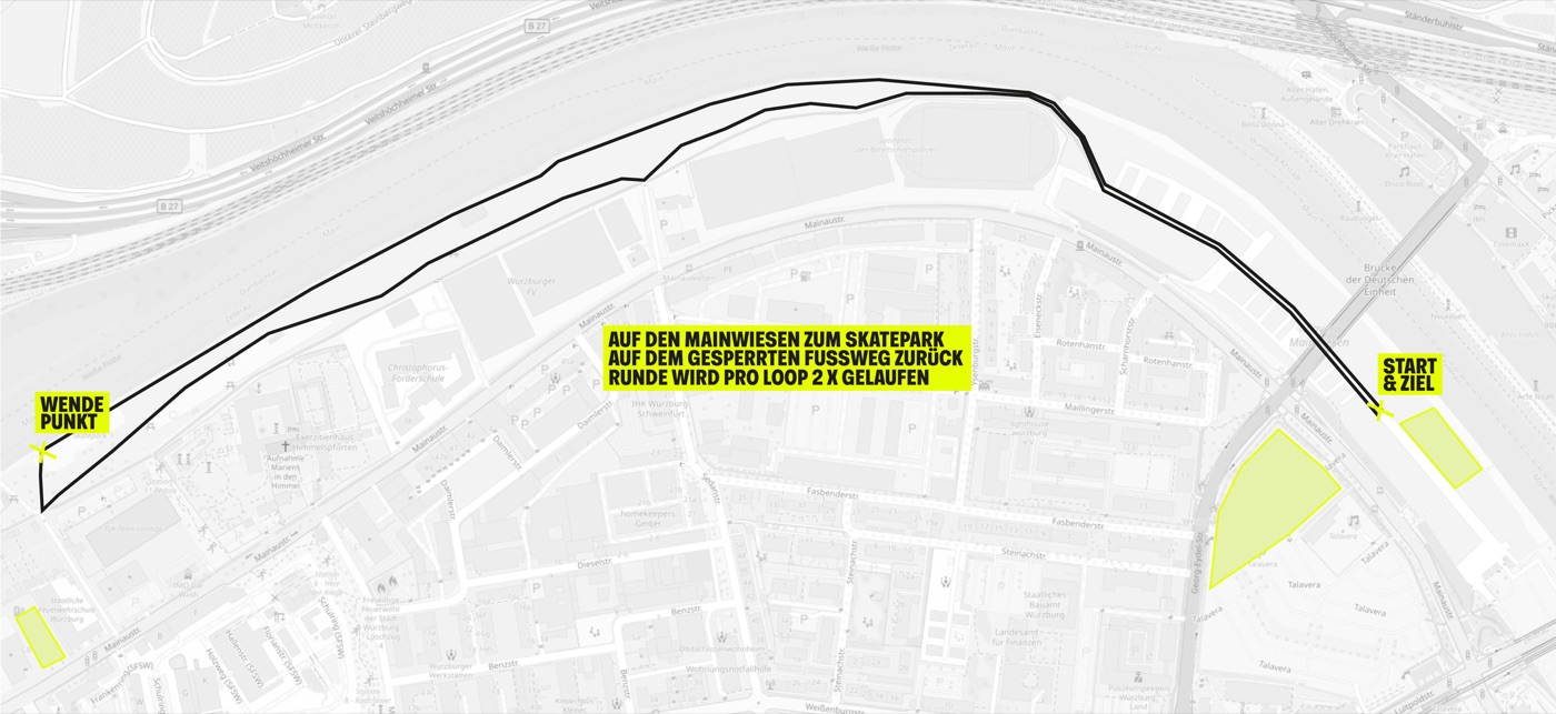 Streckenkarte Last Legs Ultra 2027: Rundkurs von Start und Ziel an den Mainwiesen unterhalb der Talavera flussabwärts am Main entlang bis zum Wendepunkt am Skatepark und zurück. Auf der Karte steht: Auf den Mainwiesen zum Skatepark, auf dem gesperrten Fußweg zurück, Runde wird pro Loop 2 x gelaufen.